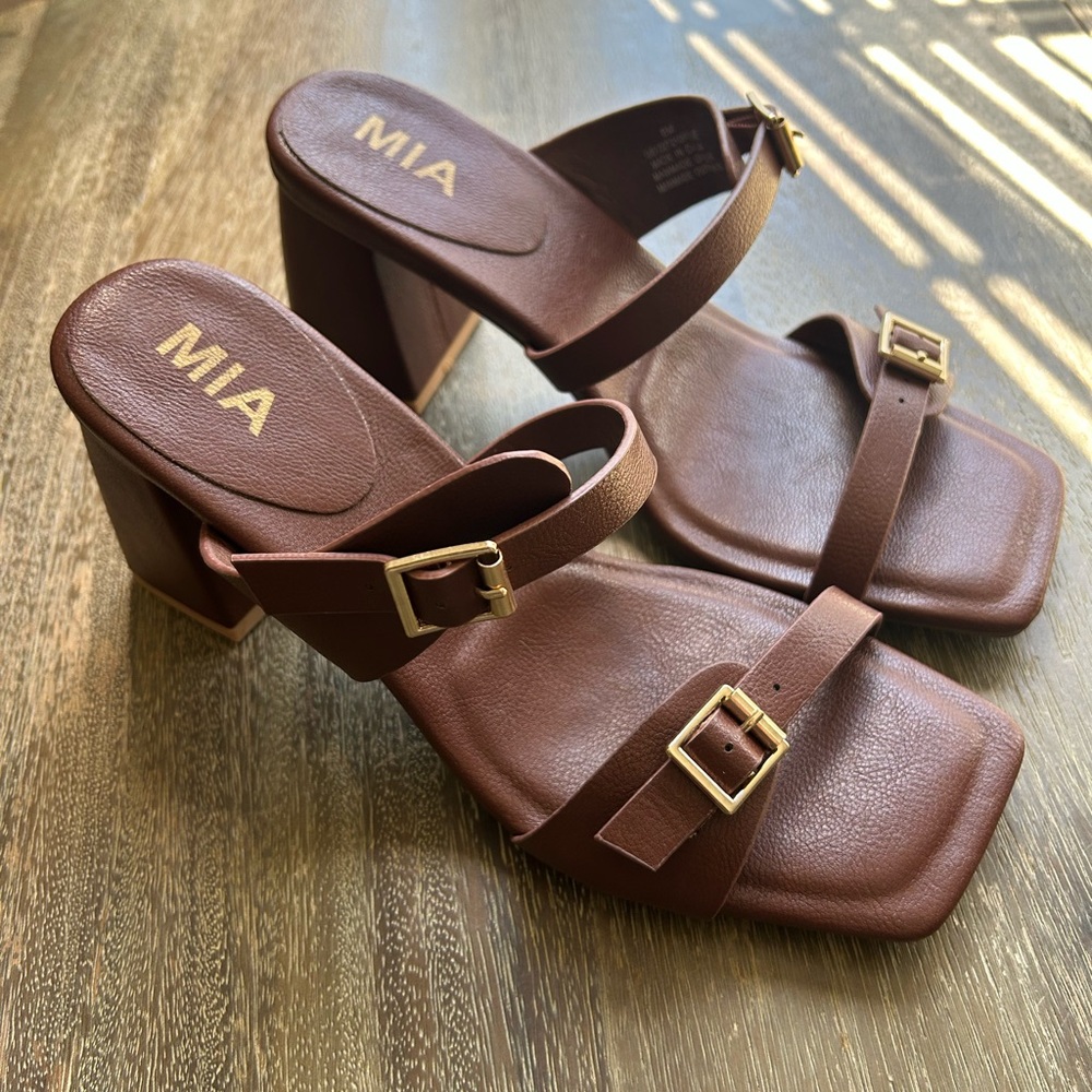 MIA Brown Square-Toe Block Heel Sandals with Gold Buckles